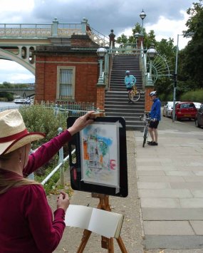 Fiona working at her easel at 'The Ornamental Bridge' Richmond.